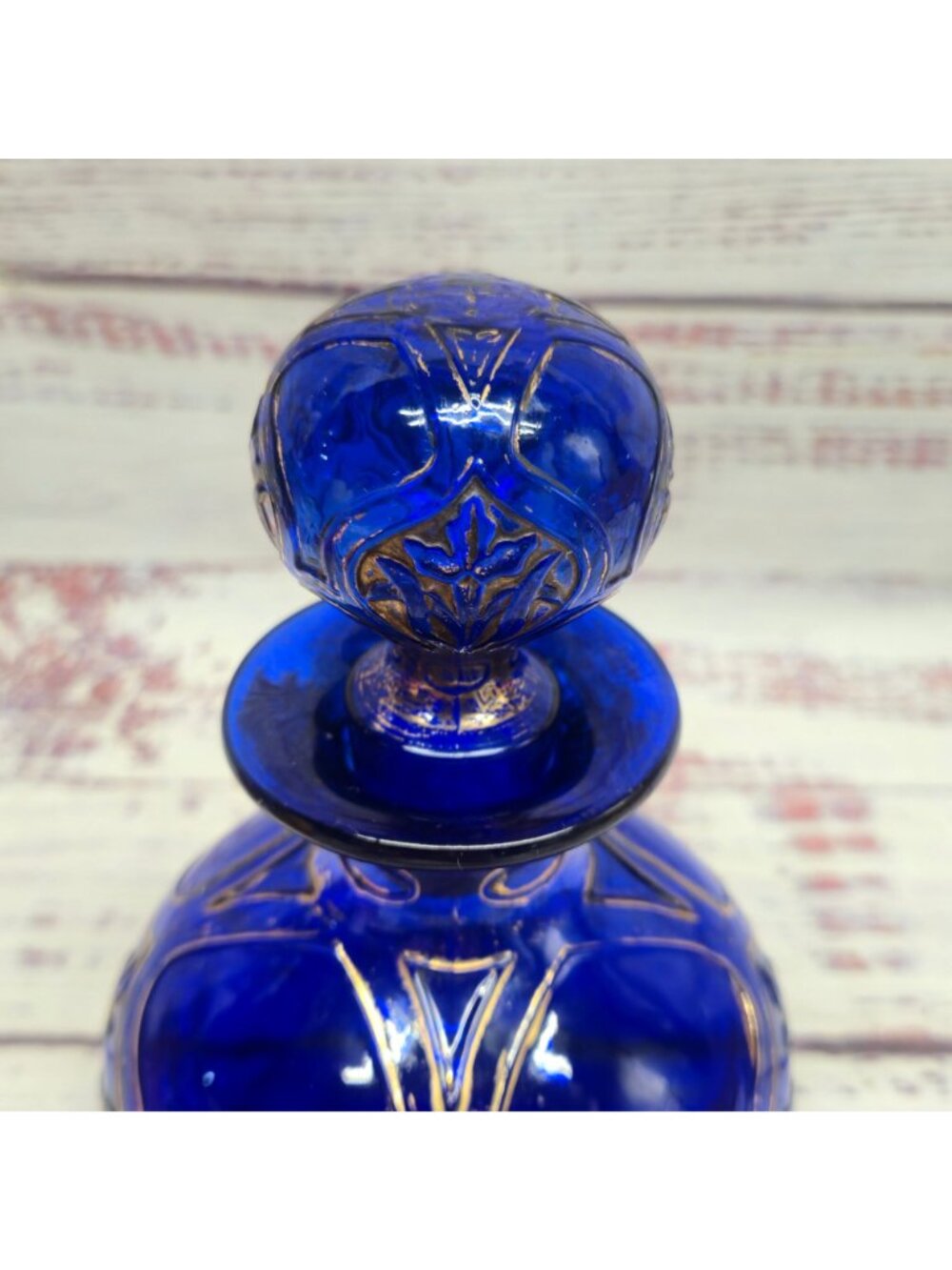 Vintage Cobalt Blue bohemian glass perfume bottle Hand-Painted Gold Floral - Picture 3 of 16